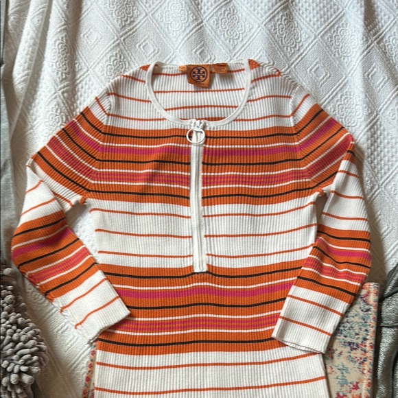 Tory Burch Orange and Pink Crew Neck Sweater with Stripes - Picture 1 of 8